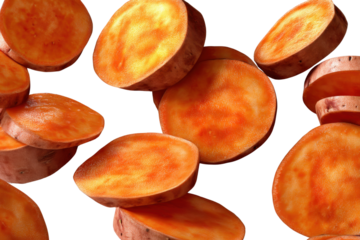 Sweet Potato Slices in Air: Vibrant, freshly sliced sweet potatoes float against a clean background, showcasing their rich, orange hue and natural texture.  