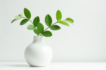 A simple still life of a green plant placed inside a white ceramic vase