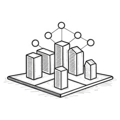 A sketch of geometric buildings rising from a flat surface with connected circular nodes above the structures.