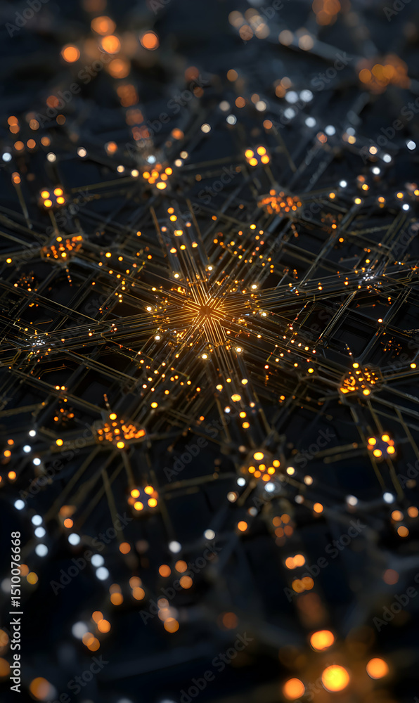 Poster intricate network of interconnected nodes glowing with warm light creating a sense of complex techno
