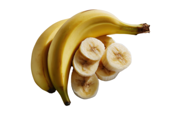 Bunch of Ripe Bananas: A fresh bunch of ripe bananas, with some sliced to reveal the creamy texture, offering a visual delight of the simple, healthy snack and delicious taste.