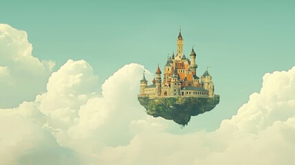 Obraz premium Floating Minimalist Castle in Fantasy Sky with Soft Clouds