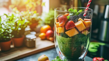 Colorful layered smoothie with fresh fruit and herbs.