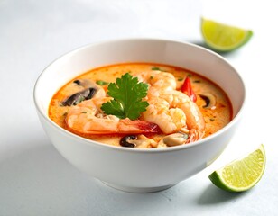 Creamy prawn soup in a white bowl