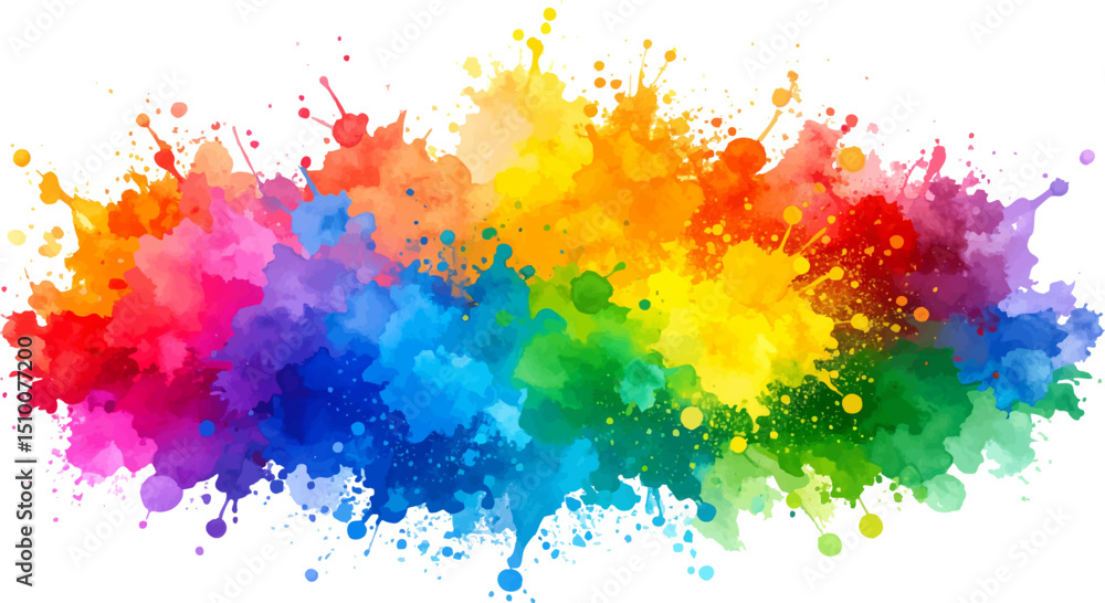 Poster abstract watercolor splashes create colorful rainbow patterns.