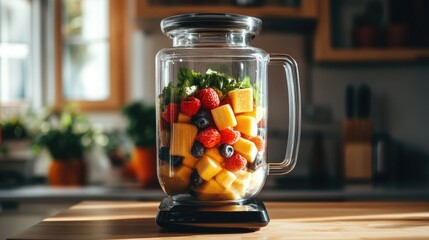 Colorful fruits in a blender jar.