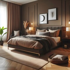 A stylish bedroom with comfortable brown dark bed