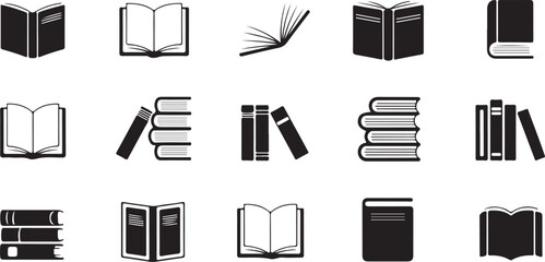 Minimalist black book icon set with open, closed, and stacked books, perfect for educational, digital, and graphic design applications