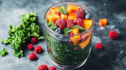 Vibrant fruit and vegetable smoothie in a glass container.