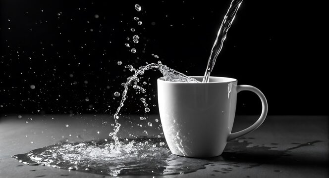 Dramatic Black and White Image of Water Being Poured into a White Mug with Splashes and Droplets in Motion