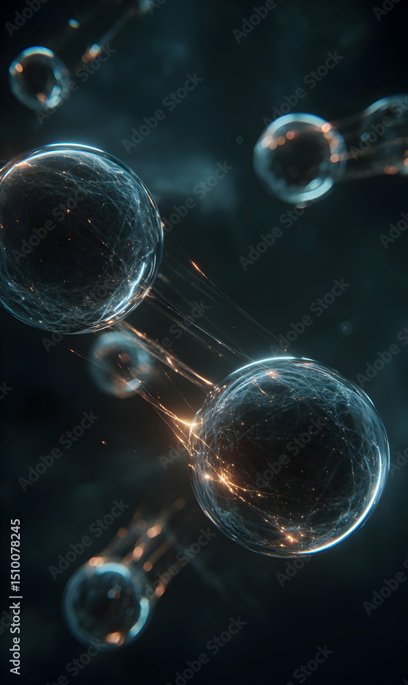 Poster interconnected glowing spheres traversing cosmic space represent network technology communication in