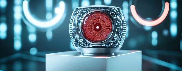 3D render of a red biometric eye scanner lens embedded into a silver cube