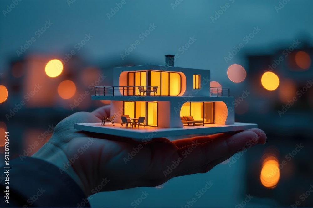 Poster a person holds a small scale model of a house, ideal for architecture or design concepts