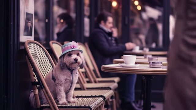 Cute Puppy in a Pink Hat Enjoying a Parisian Caf&eacute; Scene
