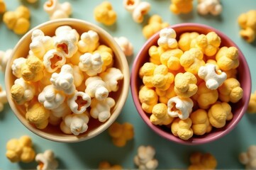 Two bowls filled with popcorn sitting on a table, ready for a movie night or snack