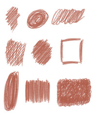A collection of hand-drawn coral red brush strokes and shapes, perfect for adding a natural, organic, or artistic touch to designs.