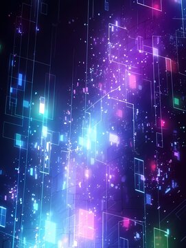 Futuristic digital landscape with glowing geometric shapes and lines