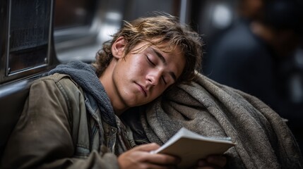 The young man sleeps deeply: A young man peacefully rests on a public transport, his eyes closed in a moment of repose. His appearance indicates a journey or a period of rest amidst a busy life.