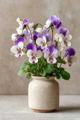 White and purple violets create a minimalist aesthetic in a beige ceramic pot