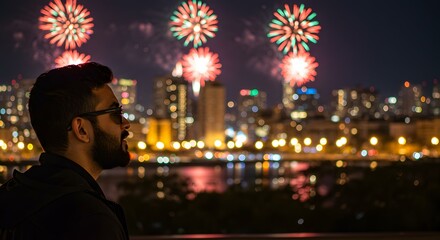 Man watches fireworks light up the night sky over a city skyline, celebrating a special occasion with a beautiful pyrotechnic display