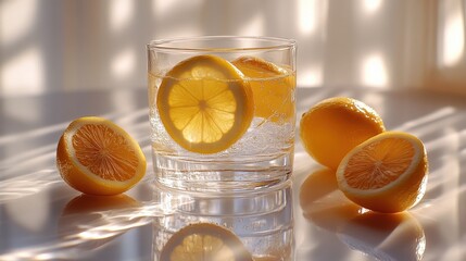 Fresh Lemon Slices in Glass with Ice and Whole Lemons Nearby