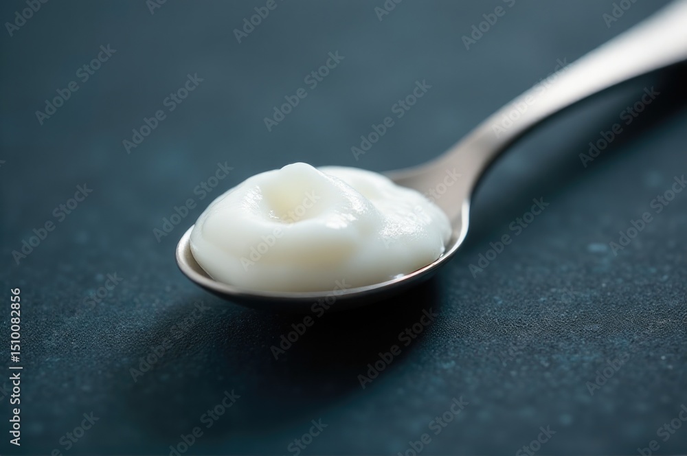 Poster a spoon filled with a generous amount of cream sitting on a table