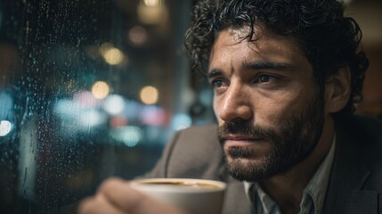 Coffee contemplation: A thoughtful individual, deeply engrossed in introspective musing, holds a steaming coffee cup near a rain-streaked window, creating a mood of quiet introspection.