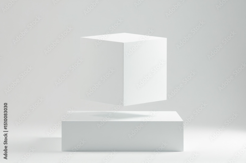 Poster a white cube suspended in mid-air above a white surface, perfect for representing concepts or object