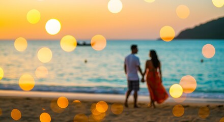 A romantic couple enjoys a walk on a tranquil beach at sunset, holding hands. Dreamy image fx with beautiful golden bokeh lights creating a magical ambiance.