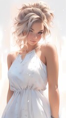 A young woman with curly blonde hair and striking blue eyes wears a elegant white dress with floral pattern, gazing directly at the viewer.