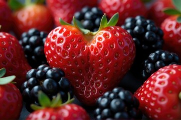 Obraz premium A juicy heart-shaped strawberry surrounded by blackberries and raspberries on a natural background