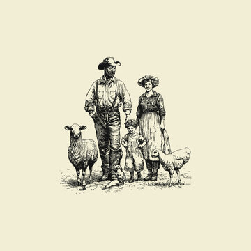 Family farm livestock engraving design vector template vintage illustration