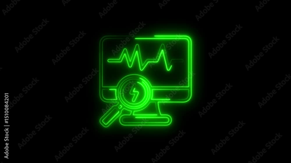 Aufkleber a glowing green neon animation of computer screen analyzing data with magnifying glass icon on a bla