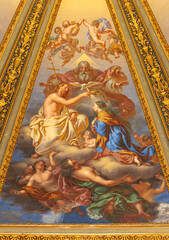 Obraz premium LODI, ITALY - MAY 21, 2025: The detail of fresco in cupola - Coronation of Virgin Mary - in church Chiesa Beata Vergine Incoronata by Enrico Scuri (1840).