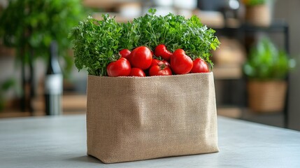 Fresh Red Tomatoes and Green Herbs in a Burlap Bag on Table