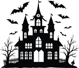 Haunted castle with bats silhouette isolated on white background