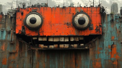 Urban Decay Artwork with Giant Face, Industrial Vibes, and Colors