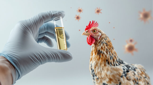 A test tube with liquid in a woman's hand against a background of chicken and viruses - the concept of bird flu, epidemics, biological threats and veterinary medicine