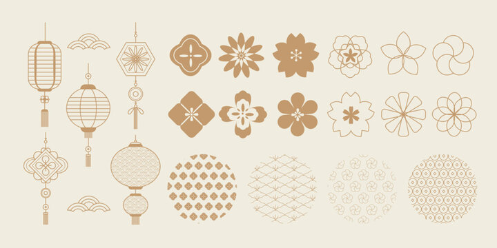 Luxury Oriental Asian ornament vector set. Chinese and Japanese paper lantern, cherry blossom, hanging fetish, pattern. Design for decorative card, poster, print, icon, background.