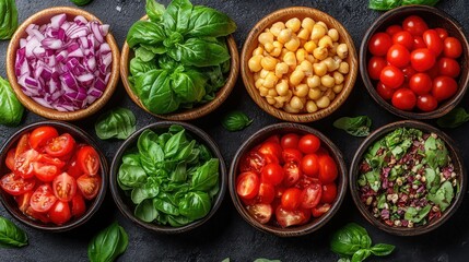 Fresh Vegetables and Herbs in Rustic Bowls on Dark Background