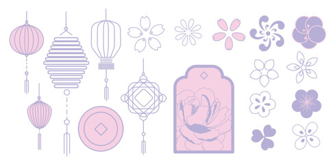 Luxury Oriental Asian ornament vector set. Chinese and Japanese paper lantern, cherry blossom, hanging fetish, peony, pattern. Design for decorative card, poster, print, icon, background.