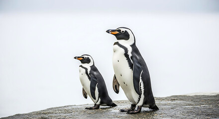 Obraz premium Penguin Pair on Rocky Surface | Wildlife Photography & Natural Habitat | Stunning Nature Shot