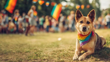 A dog with a rainbow bandana sits on the grass at a Pride Month festival. LGBT community. Colorful flags and decorations are visible in the background, with a crowd of diverse people celebrating.