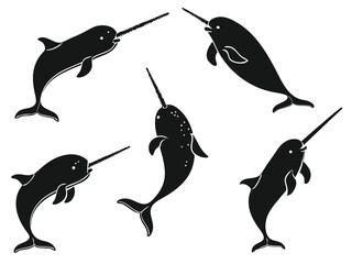 Black and white silhouettes of multiple playful narwhals swimming in various different poses on white background
