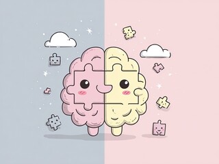 Minimalistic vector illustration of a half-brain and pastel puzzle pieces, featuring a sharp focus, high resolution, and a clean white background.