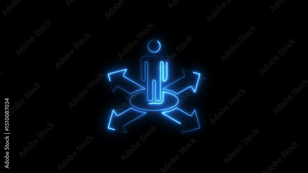 Poster animated neon figure with arrows representing choices and decisions in a business or personal concep