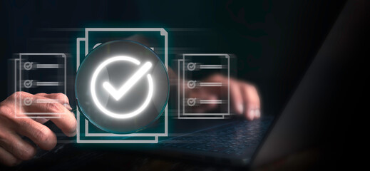 Man using laptop holding magnifying glass checking digital form, warranty, online filling service,...