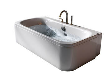 Modern Bathtub with Bubbles: A sleek, modern bathtub filled with bubbly water, showcasing its clean lines and elegant design. The chrome faucet adds a touch of luxury.