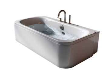 Modern Bathtub with Bubbles: A sleek, modern bathtub filled with bubbly water, showcasing its clean lines and elegant design. The chrome faucet adds a touch of luxury.