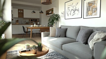 A cozy living space invites relaxation featuring a plush grey sofa and artistic decor that brings charm and warmth to